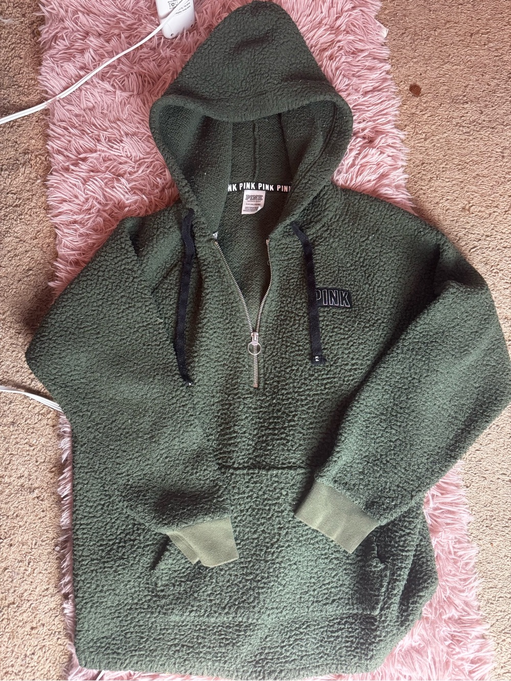 PINK Olive Green Sherpa Pullover with Black Accents